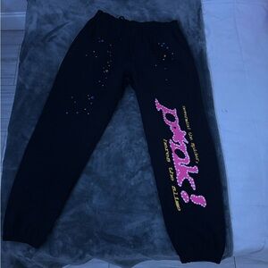 black sp5der sweatpants with pink logo